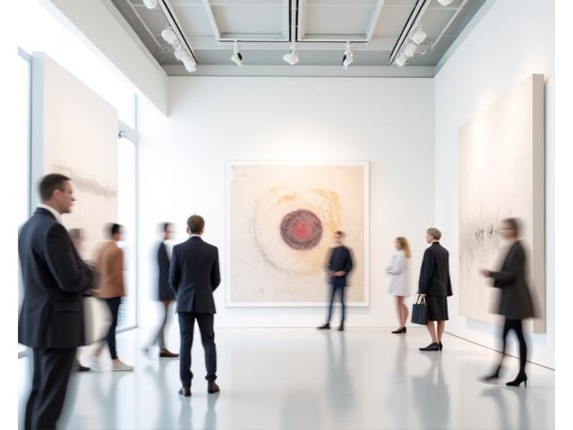 Moderne Kunstinstallation auf der Art Basel, Besucher bewundern die Exponate.