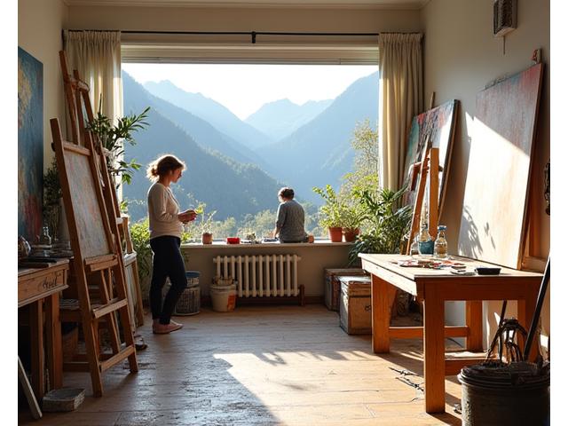 Ein Künstler bei der Arbeit in seinem hellen, inspirierenden Atelier in den Schweizer Alpen.