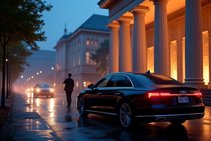 Ein Chauffeur wartet geduldig vor einem stimmungsvoll beleuchteten Eventgebäude in der Nacht, der Luxuswagen ist bereit zur Abfahrt.