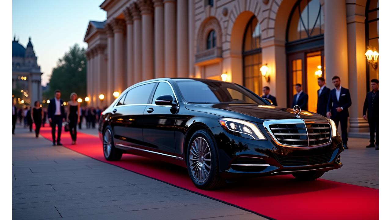 Abendlicher Blick auf ein elegantes Opernhaus mit einem geparkten Luxuslimousine davor, Scheinwerfer leuchten, Kultur-Elite trifft ein.