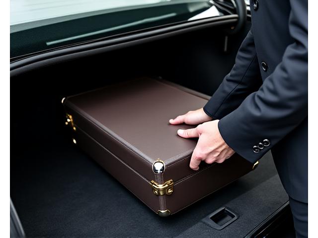 Ein klassisches Musikinstrument, sicher verpackt in einem hochwertigen Case, wird behutsam von einem Chauffeur in einem Luxusfahrzeug verstaut.