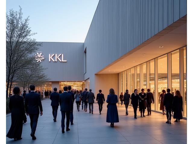 Elegante Konzertbesucher verlassen das KKL Luzern nach einem klassischen Konzert.