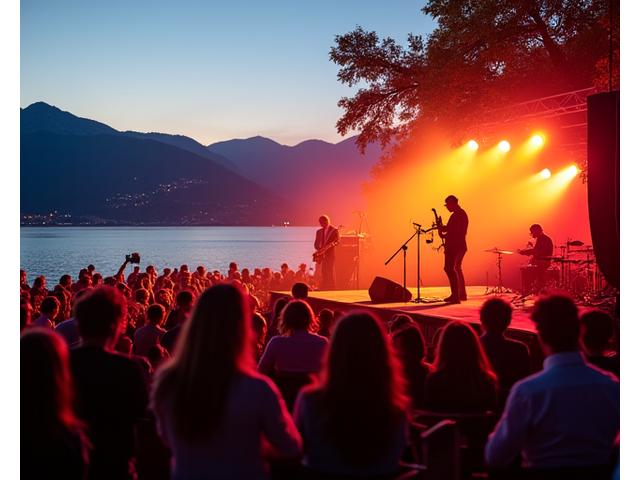 Vibrierende Jazzbühne beim Montreux Jazz Festival mit beleuchteter Seepromenade.