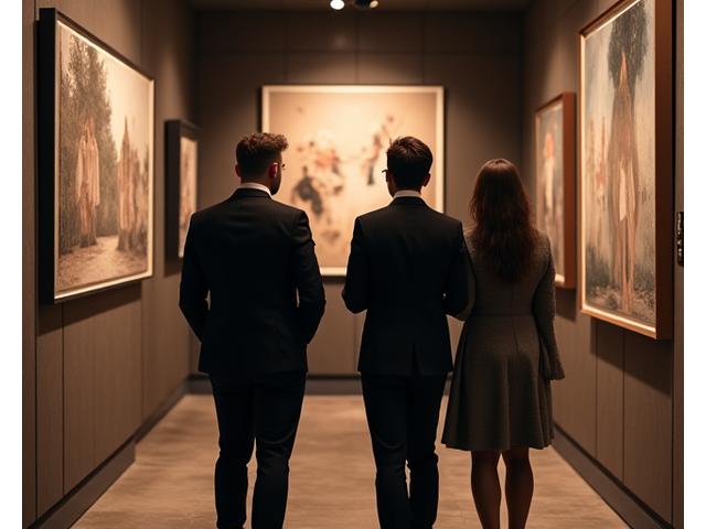 Ein kunstbegeistertes Paar wird von einem Kurator durch eine private Kunstsammlung geführt.