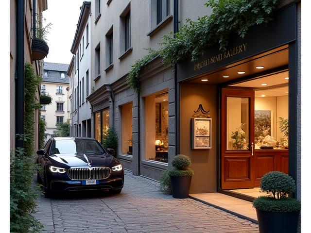 Eine kleine, exklusive Kunstgalerie in einer historischen Gasse einer Schweizer Stadt.