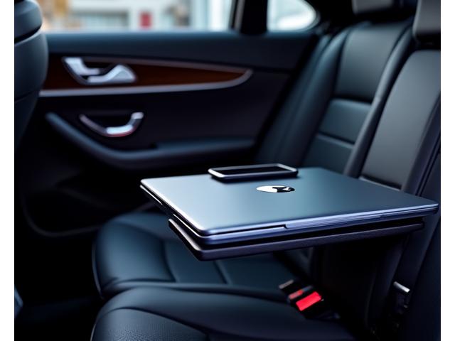 Mercedes E-Klasse Interieur mit Laptops auf einem ausklappbaren Tisch und WLAN Symbol.