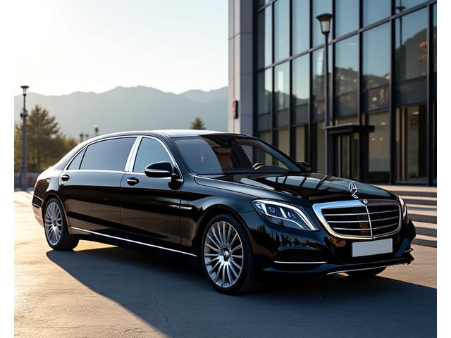 Luxuriöse Limousine wartet vor einem Geschäftshaus in Zürich mit Schweizer Alpen im Hintergrund.