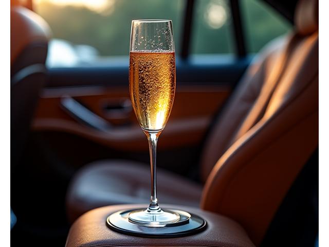 Mercedes S-Klasse Interieur mit Champagnergläsern und Personal Concierge Anzeige.