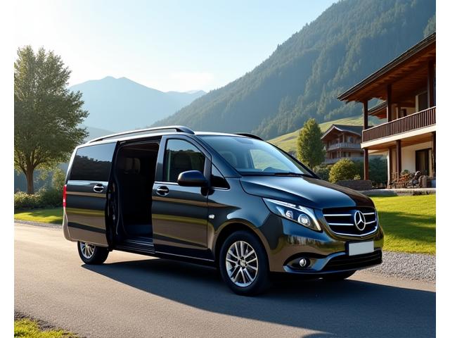 Mercedes V-Klasse Van von der Seite, geparkt vor einem Schweizer Chalet, mit einer kleinen Gruppe von Personen beim Einsteigen.