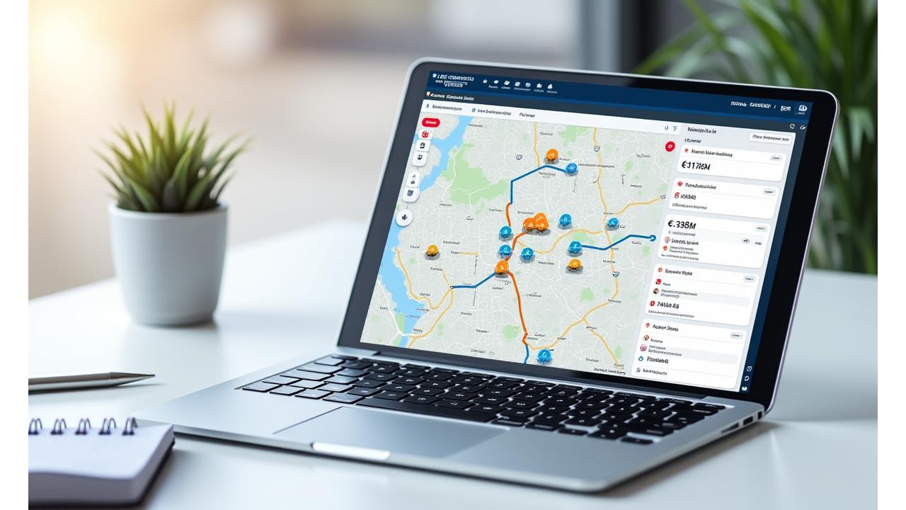 Screenshot eines übersichtlichen Admin-Dashboards für Shuttle-Koordination mit Karte und Fahrzeugsymbolen.