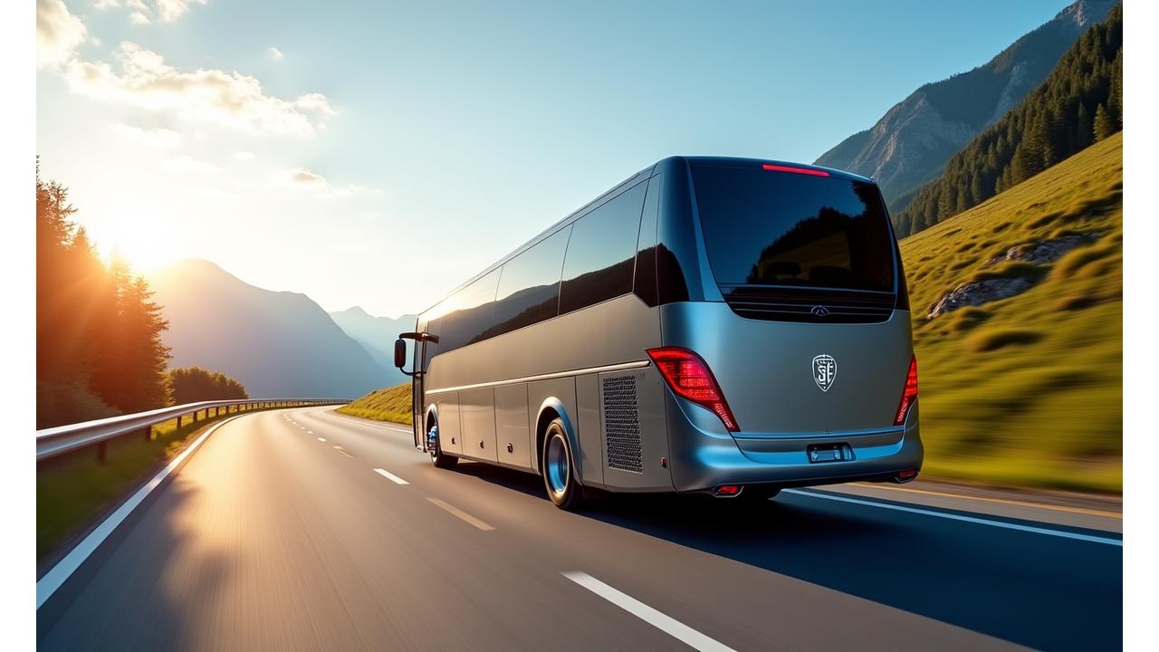 Modernen Luxus-Reisebus auf einer Schweizer Bergstrasse, Sonnenuntergang, Firmen-Shuttle