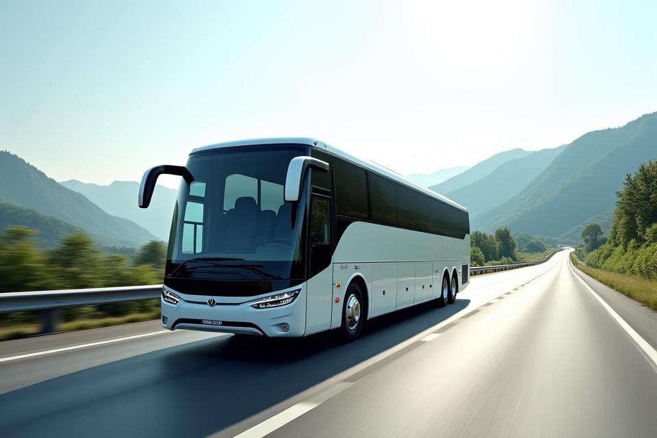 Eleganter, grosser Reisebus von SwissFly Mobility auf einer Autobahn in der Schweiz.