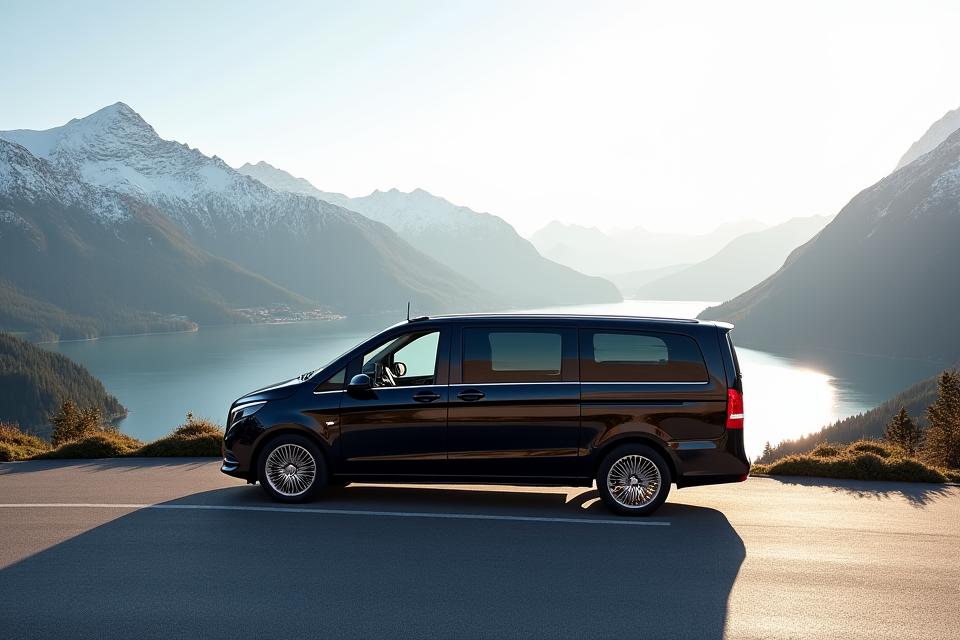 Luxuriöser Minivan für 6 Personen vor einer Schweizer Alpenkulisse.