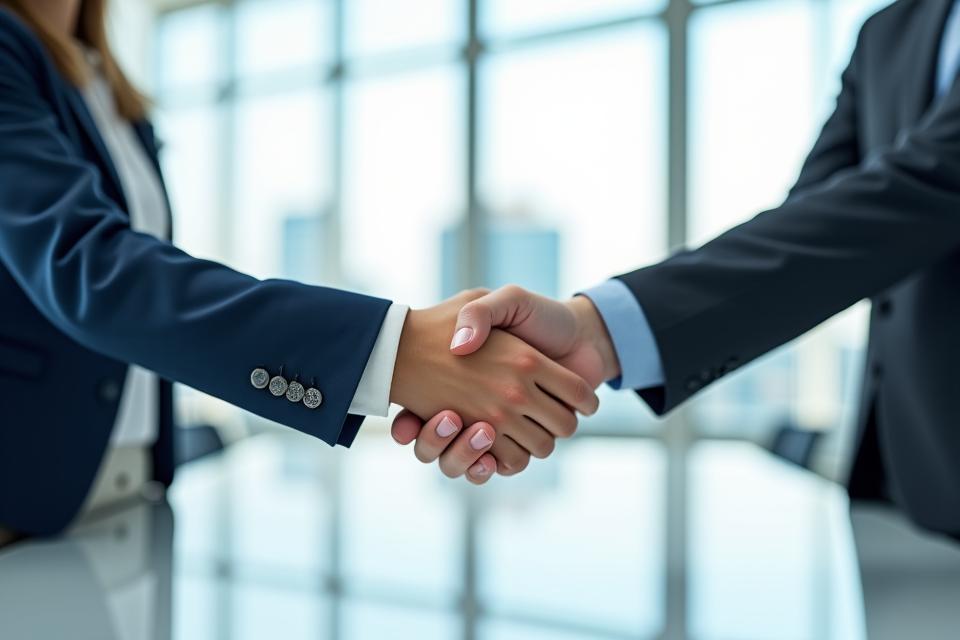 Zwei Geschäftspartner reichen sich über einen Tisch die Hände, symbolisiert eine erfolgreiche langfristige Partnerschaft.