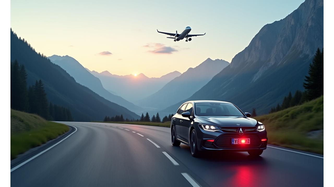 Illustration einer Schweizer Landschaft mit verschiedenen Transportmitteln wie einem Flugzeug im Himmel und einem Auto auf der Strasse, die nahtlos miteinander verbunden sind und Effizienz und Zuverlässigkeit symbolisieren, mit einem prominenten roten Notrufknopf im Vordergrund