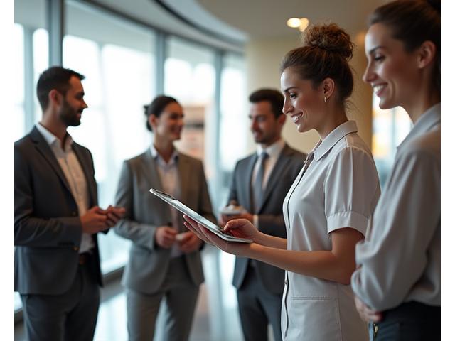 Multilinguales Concierge-Team von SwissFly Mobility an einem Flughafen mit internationalen Flaggen.