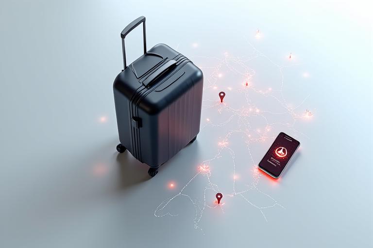 Interaktive Karte zeigt den Weg eines Koffers von Zuhause zum Flugzeug mit Tracking-Punkten.