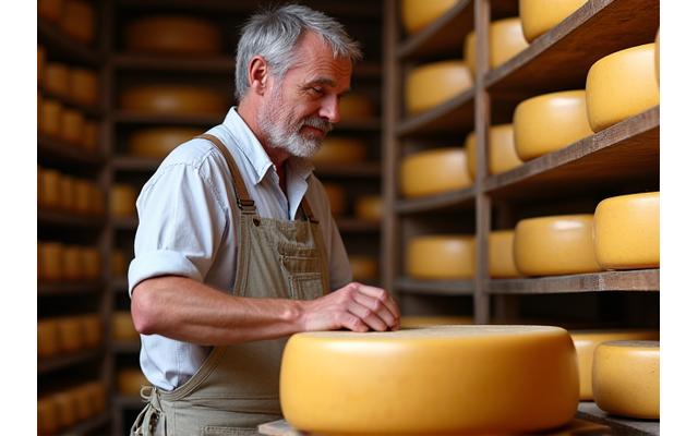 Käsemeister bei der Arbeit mit einem grossen Gruyère-Rad