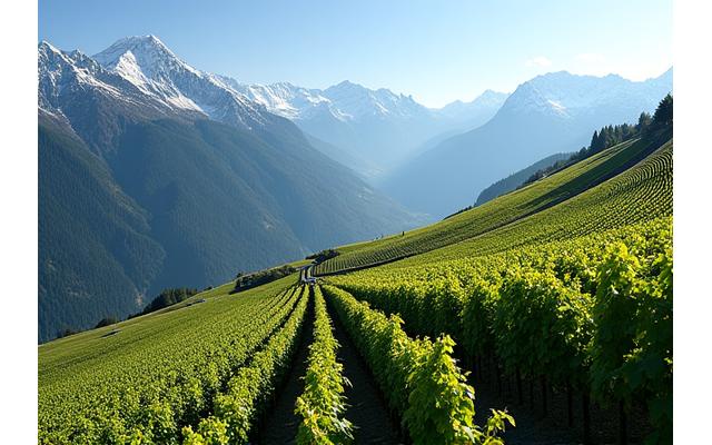 Weingut im Wallis mit Blick auf die Alpen, Rebstöcke in Reihen