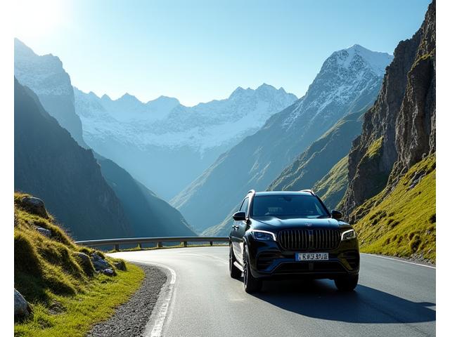 Luxuswagen fährt auf einer Bergstrasse mit atemberaubender Aussicht