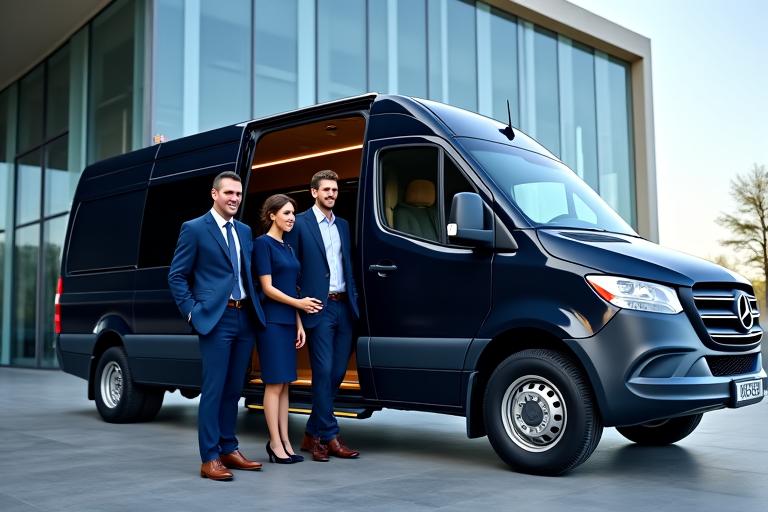 Firmenmitarbeiter steigen aus einem modernen Shuttle-Bus aus