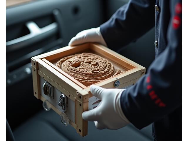 Eine geschützte Skulptur oder ein Gemälde wird von einem professionellen SwissFly-Teammitglied vorsichtig in einen gepanzerten Transporter verladen.