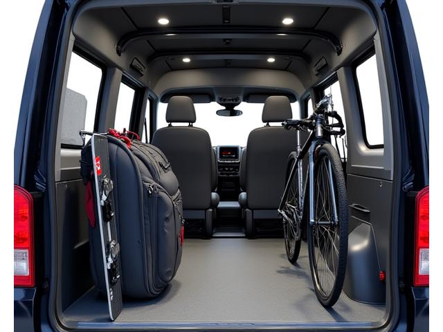 Illustration von Skiern, Golfschläger und einem Fahrrad, die sicher in einem Transportfahrzeug verstaut sind.