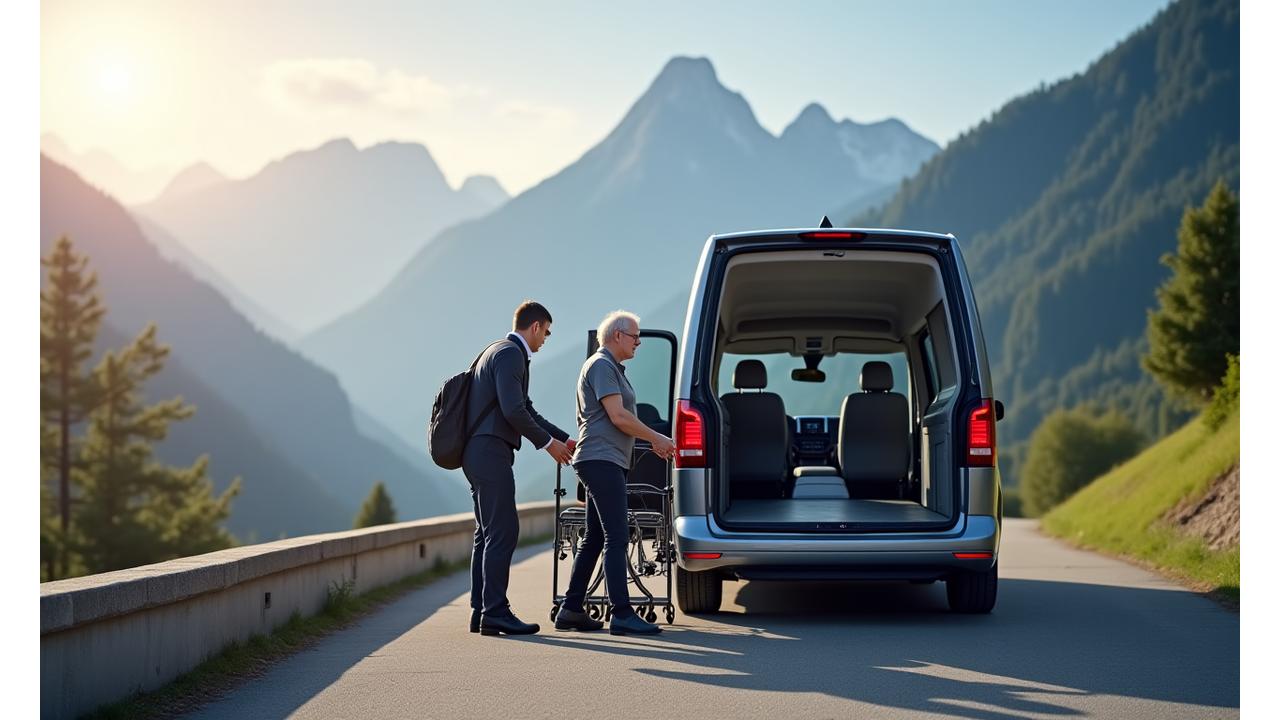 Ein freundlicher SwissFly Fahrer hilft einem Patienten diskret und sicher in ein komfortables Transferfahrzeug, das moderne medizinische Einrichtungen transportieren kann, im Hintergrund ein Schweizer Bergpanorama.