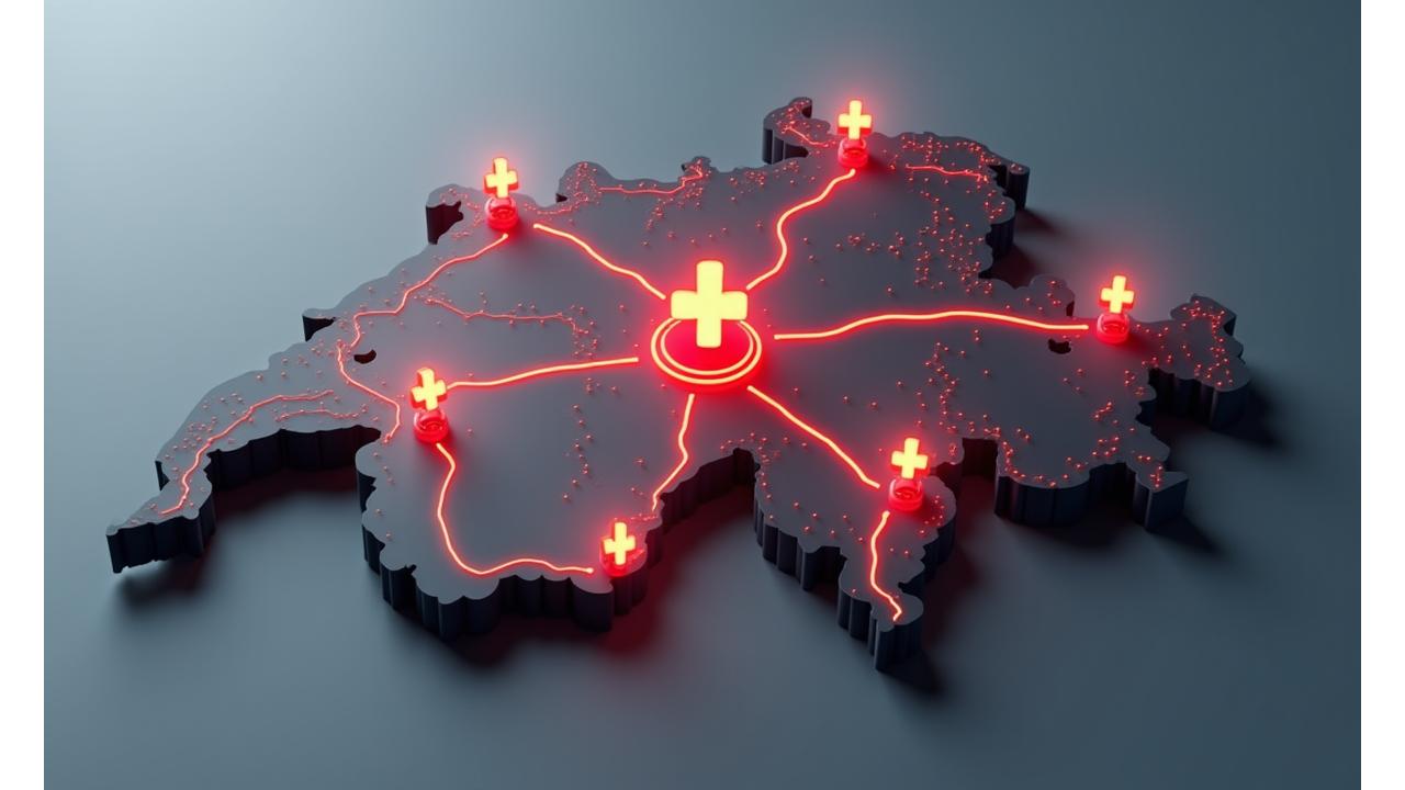Eine schematische Karte der Schweiz mit Icons, die wichtige Schweizer Kliniken und Flughäfen verbinden, visuell darstellend das Netzwerk von SwissFly Mobility für medizinische Transfers.
