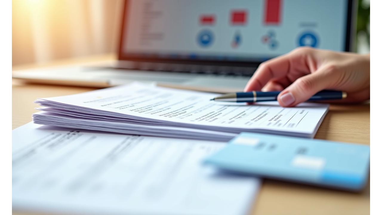 Symbole für Versicherungen, Krankenkassen und eine Hand, die Dokumente sortiert, in einem sauberen, professionellen Layout, das die einfache administrative Abwicklung bei SwissFly Mobility visualisiert.