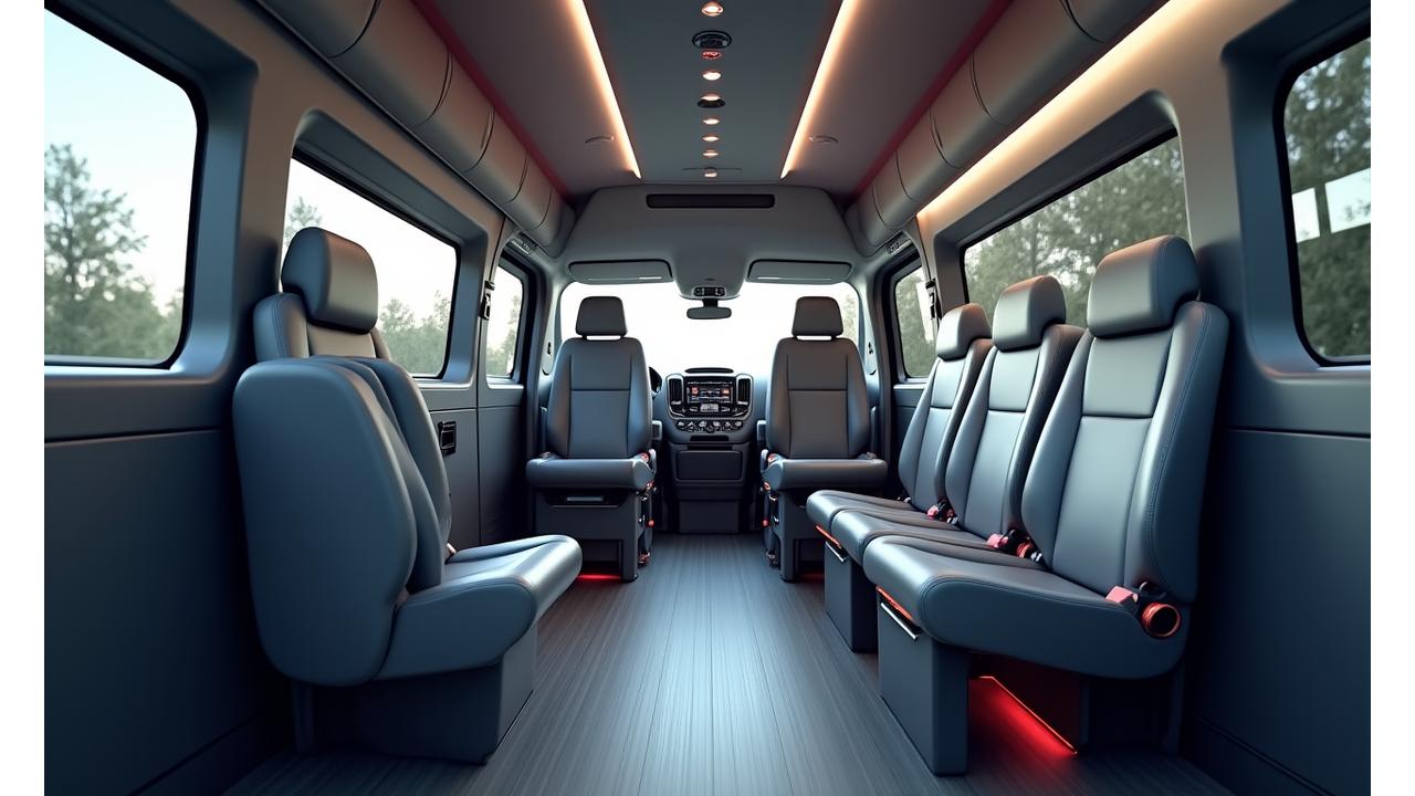 Innenansicht eines geräumigen, sauberen und modern ausgestatteten SwissFly Mobility Fahrzeugs, das speziell für den Patiententransport konzipiert ist, mit Fokus auf Rollstuhlzugang und medizinischer Ausrüstung.