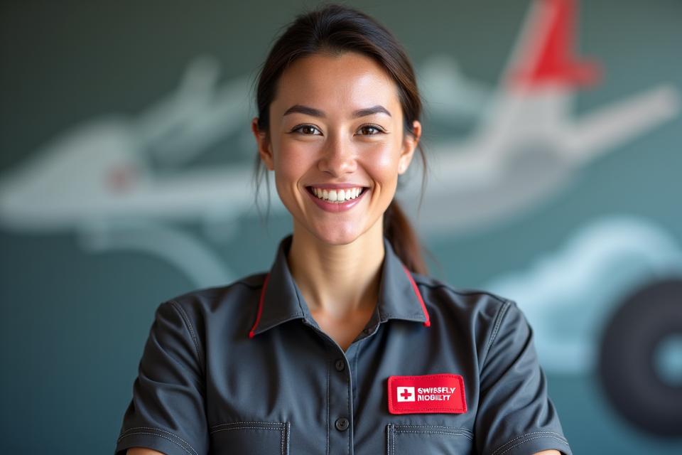 Ein freundlicher, professioneller SwissFly Mobility Fahrer in sauberer Uniform, der Vertrauen und Kompetenz ausstrahlt, mit symbolischen Hintergrundelementen, die medizinische Expertise und Diskretion andeuten.