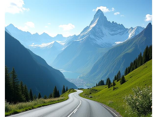 Matterhorn und Jungfraujoch, majestätische Schweizer Alpenlandschaft mit einem luxuriösen Tourfahrzeug auf einer Serpentinenstrasse