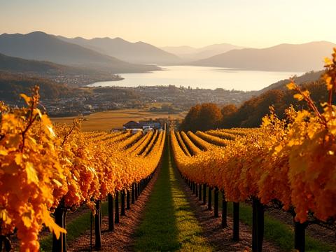 Goldgelbe Weinberge im Herbst auf sanften Schweizer Hügeln, bereit für die Weinlese