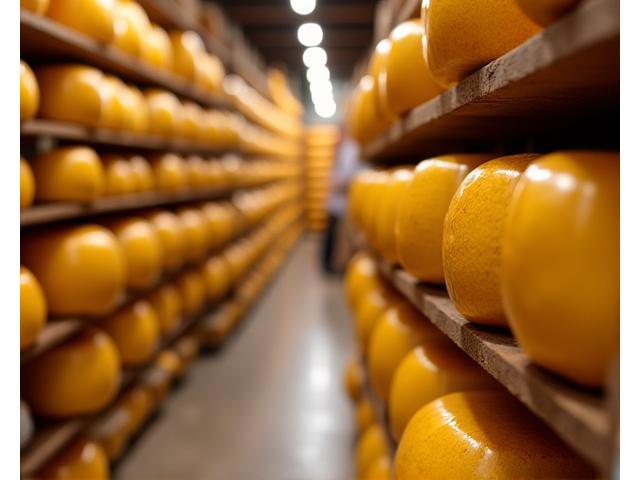 Traditionelle Schweizer Käseherstellung in Gruyères, mit Laiben von Käse und einer Käsemeisterin in historischen Kleidern