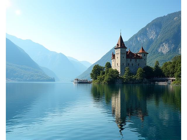 Schloss Chillon am Genfersee, klares blaues Wasser und historische Architektur unter hellem Himmel