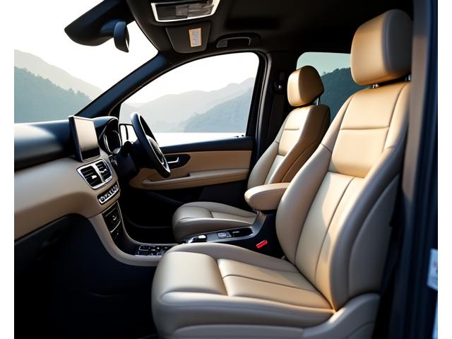 Innenansicht einer luxuriösen Mercedes V-Klasse mit bequemen Ledersitzen und viel Beinfreiheit, bereit für eine Tour
