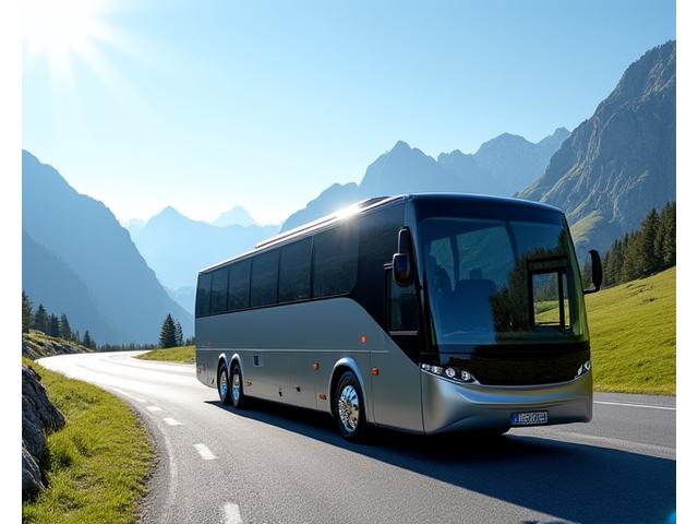 Aussenansicht eines modernen Panorama-Busses mit grossen Glasdächern und Fenstern, geparkt vor einer Schweizer Alpenkulisse