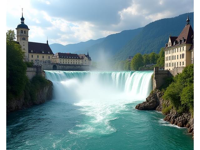 Rheinfall in Schaffhausen, mächtiger Wasserfall mit historischen Gebäuden im Hintergrund unter dynamischem Himmel