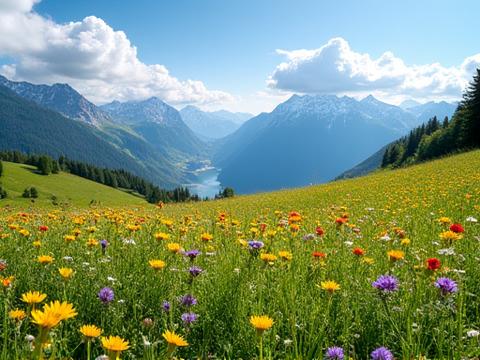 Frühlingsblühende Wiesen mit Bergen im Hintergrund in der Schweiz