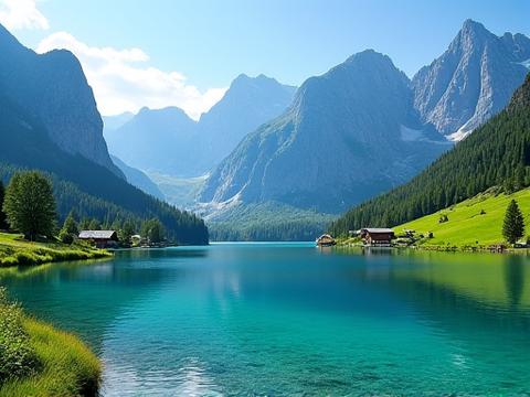 Kristallklarer Bergsee im Sommer umgeben von grünen Almen und schneebedeckten Gipfeln