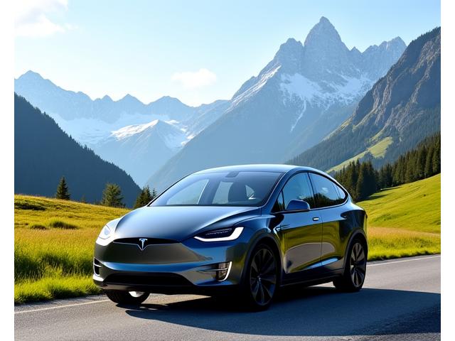 Eleganter Tesla Model X in den Schweizer Alpen, symbolisch für umweltbewusstes Reisen