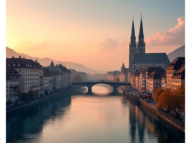 Panoramablick auf die Zürcher Altstadt mit dem Grossmünster am Limmat-Fluss bei Sonnenuntergang