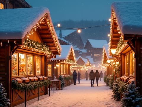 Verschneiter Schweizer Weihnachtsmarkt mit funkelnden Lichtern und rustikalen Ständen
