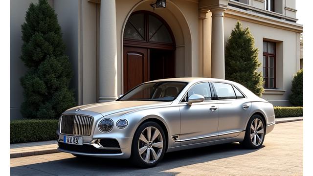 Ein klassischer Bentley Continental Flying Spur, majestätisch vor einem historischen Schweizer Gebäude oder einem luxuriösen Hotel Eingang. Das Bild betont zeitlose Eleganz und britischen Luxus, passend für besondere Anlässe.