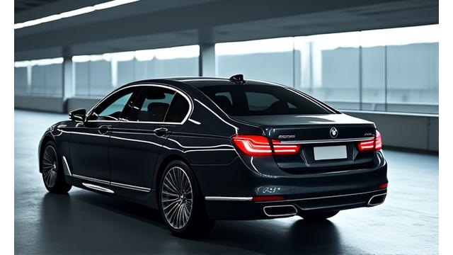 Ein eleganter BMW 7er Serie in einem modernen, hellen Parkhaus. Das Fahrzeug hat getönte Scheiben und zeigt das Interieur mit hochwertiger Ausstattung. Repräsentiert dynamischen Luxus und Privatsphäre.