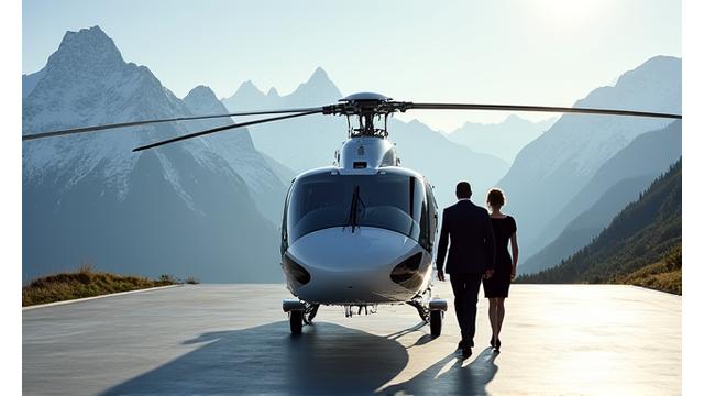 Ein eleganter, moderner Helikopter auf einem Landeplatz vor einer atemberaubenden Schweizer Alpenkulisse, mit einem Chauffeur, der einen VIP-Gast zum Helikopter begleitet. Das Bild vermittelt ultimative Exklusivität und schnelle Verbindungen.