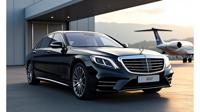 Eine luxuriöse Mercedes S-Klasse, glänzend schwarz, vor dem Hangar eines Privatjets am Flughafen Zürich. Der Wagen steht bereit, der Chauffeur hält die Tür offen. Symbolisiert Eleganz, Diskretion und erstklassigen Service.