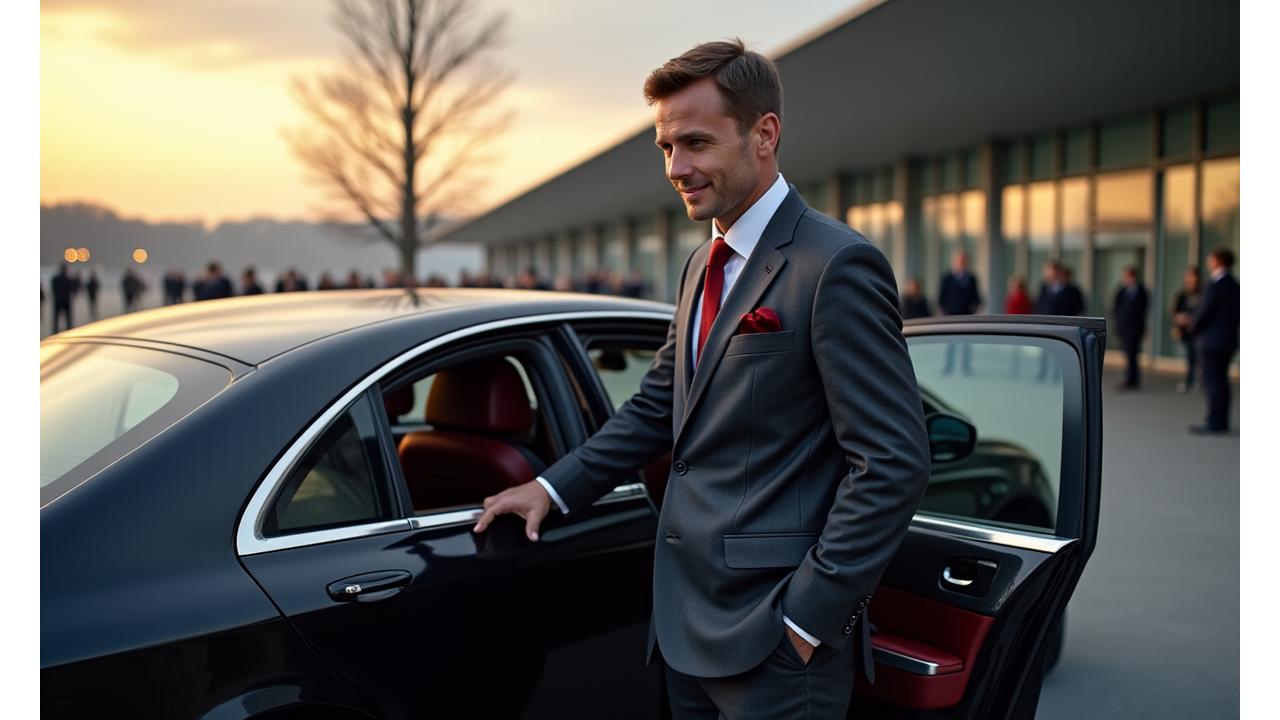 Ein Chauffeur in eleganter Uniform, lächelnd und professionell, öffnet die Tür einer luxuriösen Mercedes S-Klasse am Flughafen Zürich, während VIP-Gäste sich nähern. Das Bild strahlt Effizienz, Exklusivität und Schweizer Präzision aus, mit einem Hauch von diskretem Luxus. Morgendliches Licht, sauberer Hintergrund, Fokus auf den Chauffeur und das Fahrzeug. Das Bild vermittelt einen nahtlosen Übergang von Flugzeug zur Limousine und verstärkt die Botschaft der Zuverlässigkeit und des Komforts.