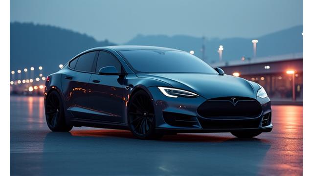 Ein schlankes Tesla Model S in der Dämmerung, die Lichter des Flughafens Zürich im Hintergrund verschwommen. Das Auto hat eine moderne, futuristische Ästhetik, die umweltfreundlichen Luxus und technologische Raffinesse vermittelt.